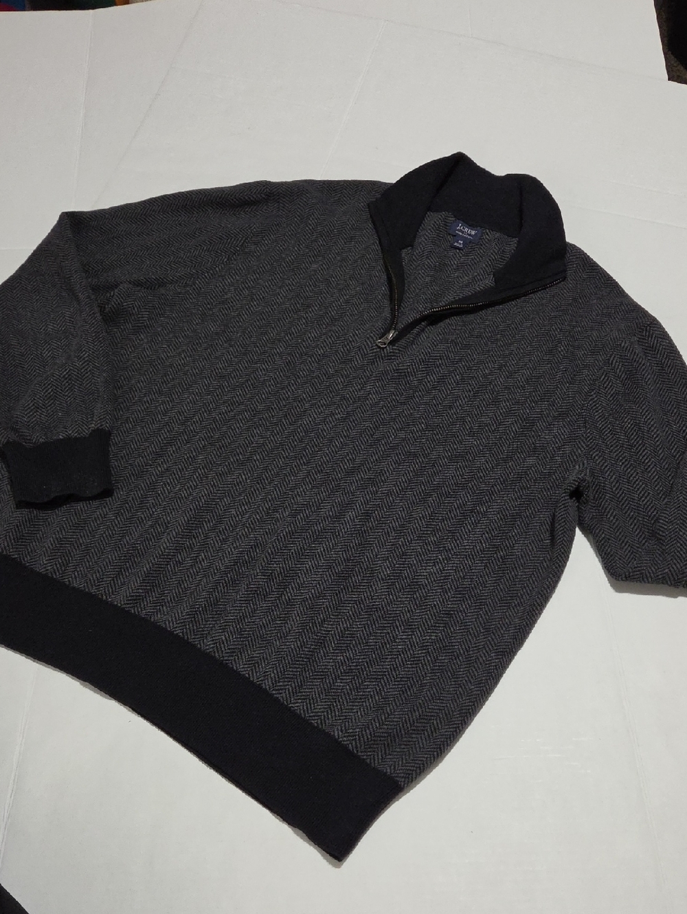 J. Crew Men's Charcoal Herringbone Half-Zip Sweater with Black Trim
